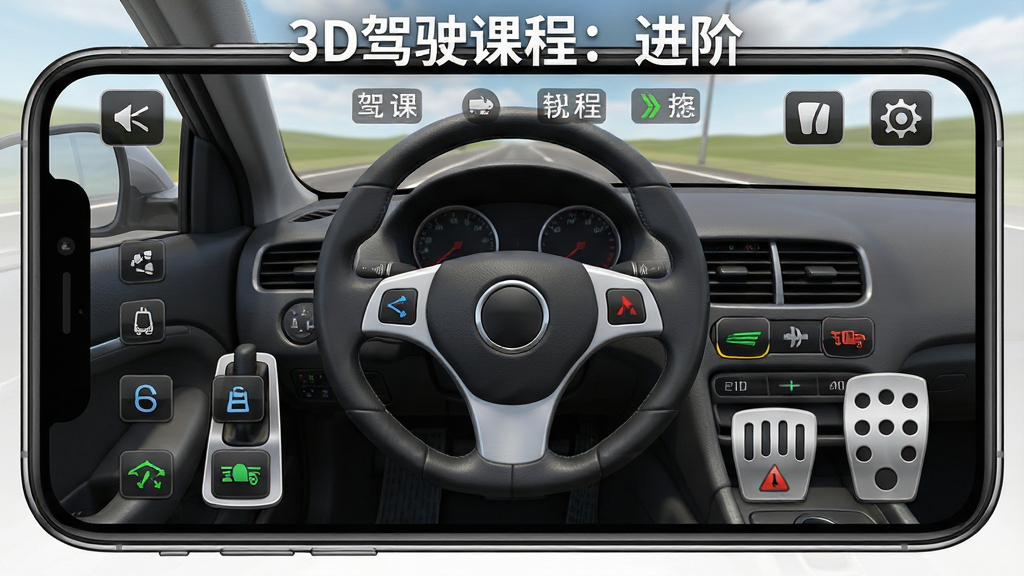 一张展示汽车模拟驾驶游戏按键布局的界面图,画面主体是手机屏幕中完整的驾驶操作面板,布局上方向盘、档位、灯光、油门刹车按键整齐排列,排版清晰明了,风格为写实3D游戏UI,细节包括按键图标、半透明背景、道路视野,画质高清,干净,无多余元素,画面中带文字