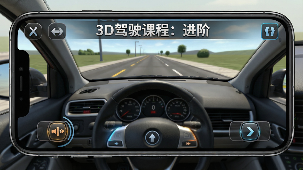 一张汽车模拟驾驶游戏新手教学场景图,画面主体是手机屏幕中显示驾驶教学提示,布局上方向盘和档位按键位于下方,排版清晰直观,风格为写实3D游戏界面,细节包括教学文字、道路视野、按键高亮,画质高清,干净,无多余元素,画面中带文字