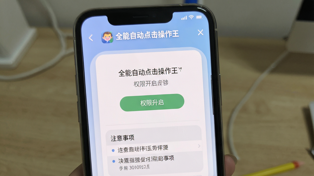 一张展示全能自动点击操作王在新手引导界面的手机截图风格图片,画面中手机屏幕显示权限开启步骤和注意事项列表,界面配色柔和,文字清晰可读,顶部有“全能自动点击操作王”标识,整体风格简洁友好,画质高清,无多余元素