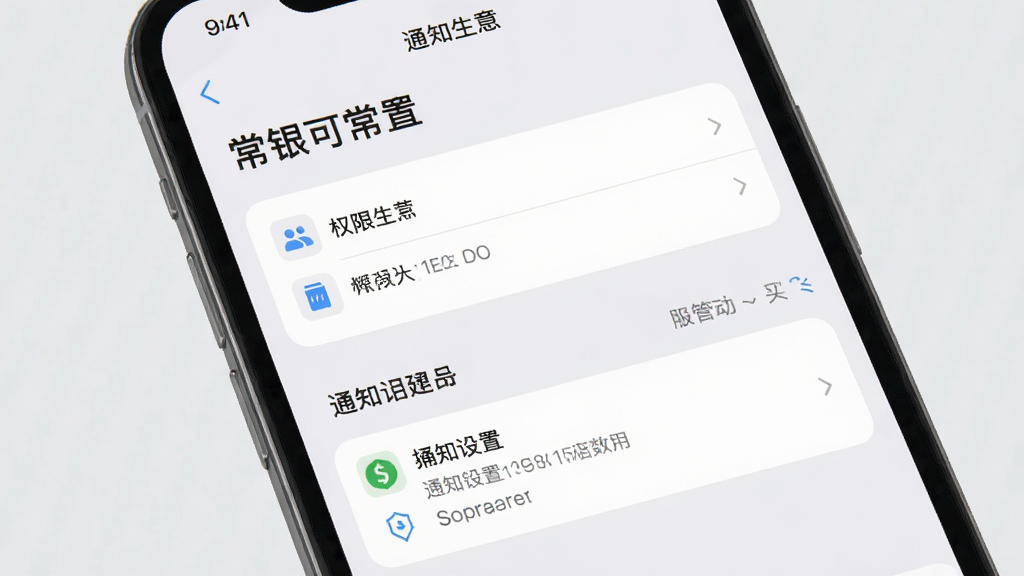 “常银生意”应用在手机上的设置界面,显示权限管理和通知设置,背景为浅灰色,风格简洁,细节清晰,画质高清,干净无多余元素