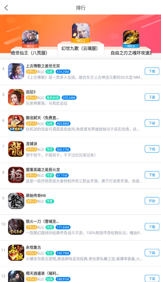 尊牛游戏盒子app 游戏分类榜单界面展示