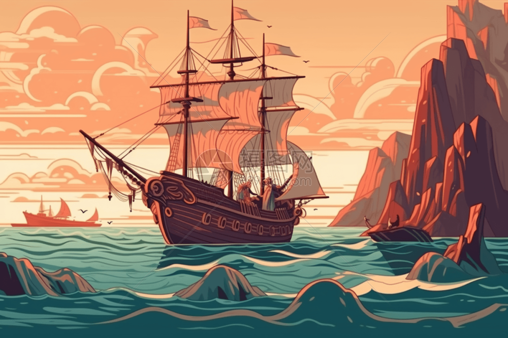 维京时代北欧海盗长船航海场景插画