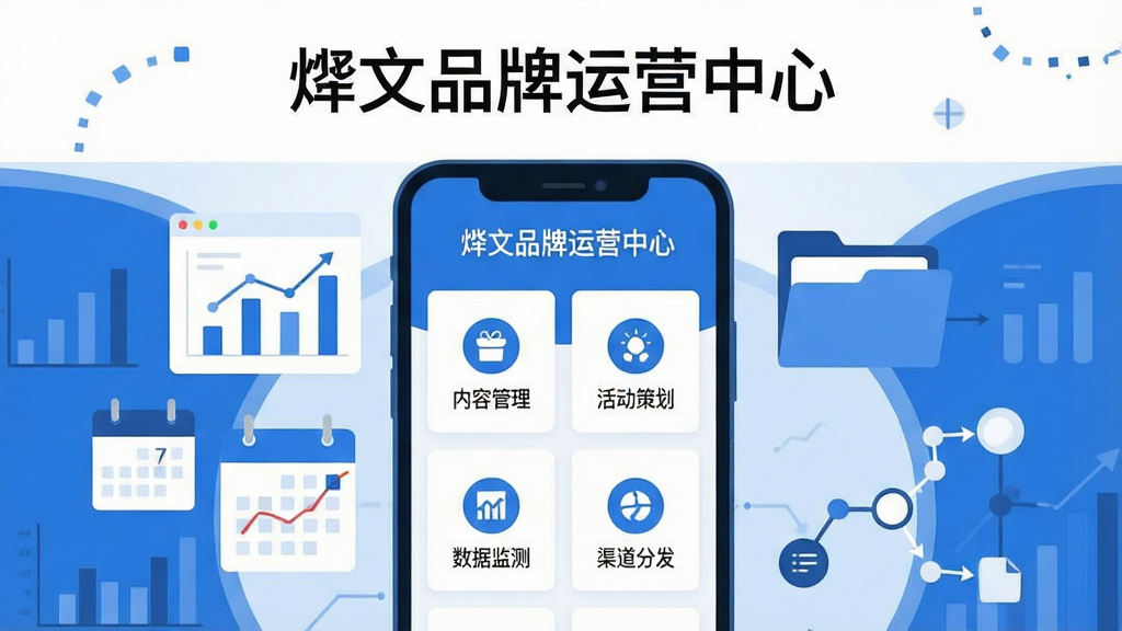一幅展示现代品牌运营工作场景的插画,画面中央是一部智能手机,手机屏幕上清晰显示“烨文品牌运营中心”应用界面,界面中包含内容管理、活动策划、数据监测、渠道分发四个功能模块图标。手机周围环绕着数据图表、日历、文件夹、传播链路等运营元素。整体布局采用居中构图,上方留白区域放置软件名称文字。风格为扁平化商务插画,配色以蓝色和白色为主,细节干净利落,画质清晰,无多余元素。
