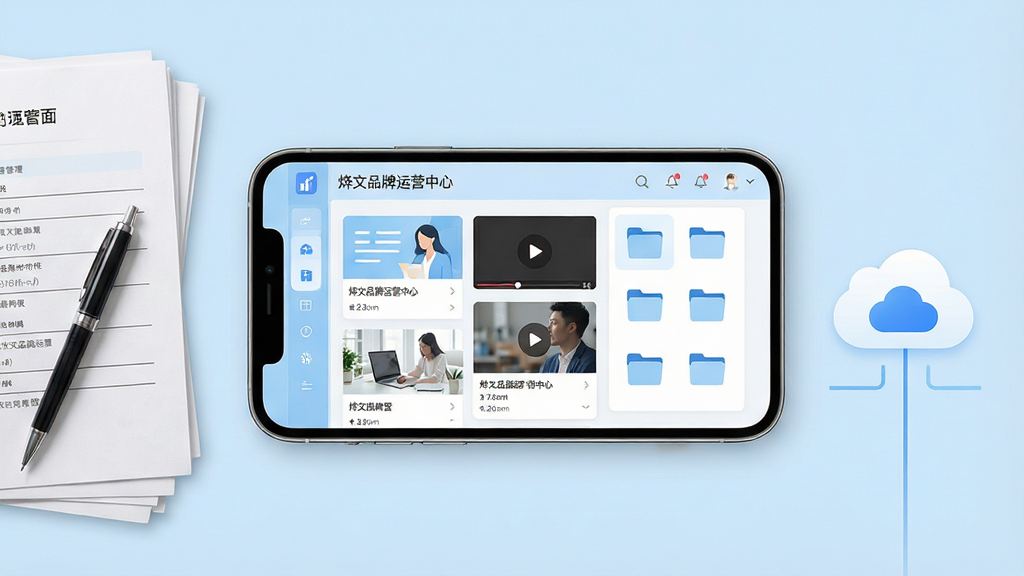 一幅展示移动端内容管理界面的场景图,画面主体为一部横向放置的手机,屏幕内呈现“烨文品牌运营中心”的内容管理页面,页面中整齐排列着图文卡片、视频缩略图和文件夹图标。手机左侧放置一叠文档和一支笔,右侧放置一个云端存储图标。布局采用左右对称构图,风格简洁现代,配色以浅蓝和白色为主,画质干净清晰,无多余元素。