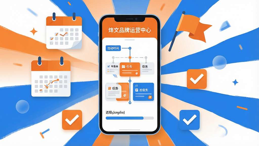 一幅展示活动策划流程的示意图,画面中央是一部手机,屏幕上显示“烨文品牌运营中心”的活动策划页面,页面中包含时间轴、任务卡片和进度条。手机周围有日历、旗帜、勾选标记等元素环绕。布局采用中心辐射式构图,风格为扁平化设计,配色以橙色和蓝色为主,细节清晰,画质干净,无多余元素。