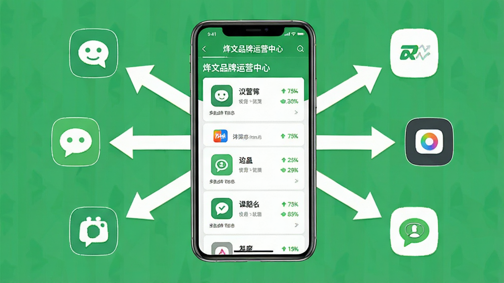 一幅展示多渠道分发的示意图,画面中央是一部手机,屏幕上显示“烨文品牌运营中心”的分发管理页面,页面中列出多个渠道图标和发布状态。手机四周有多条箭头指向不同方向的平台图标。布局采用中心发散式构图,风格为简约商务插画,配色以绿色和白色为主,画质干净清晰,无多余元素。
