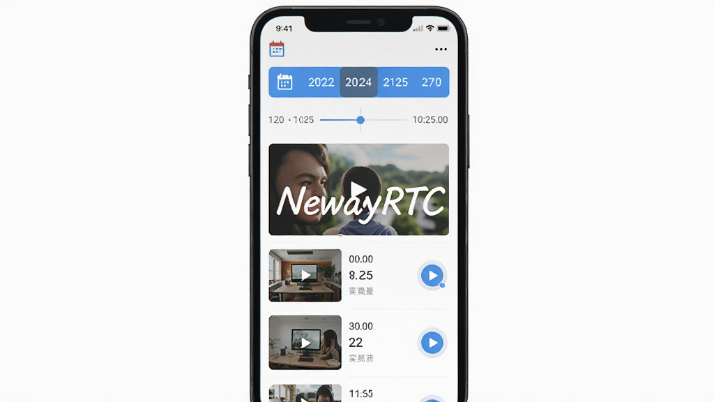 主体为手机屏幕显示NewayRTC视频回放界面,布局采用竖屏居中构图,排版以日期选择栏和视频列表为核心,风格为扁平化UI设计风格,细节包括日历图标、时间轴、播放按钮、缩略图,画质高清干净无多余元素,画面中打文字“NewayRTC”