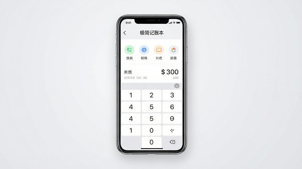 极简记账本手机应用主界面展示,画面中央放置一部智能手机,屏幕显示极简记账本的收支录入页面,包含数字键盘、分类图标和金额显示区域,背景为浅灰色渐变,整体风格清新简约,画面干净无多余元素,高清画质,UI设计清晰可见,文字标注“极简记账本”
