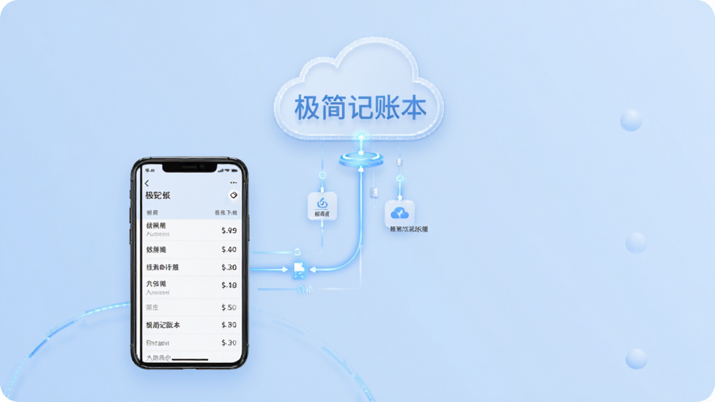 极简记账本数据同步与备份功能示意图,画面展示手机与云端服务器之间的数据流动,手机屏幕显示账本列表,云朵图标位于上方,背景为淡蓝色渐变,风格简约科技感,画面干净,高清画质,图中标注“极简记账本”