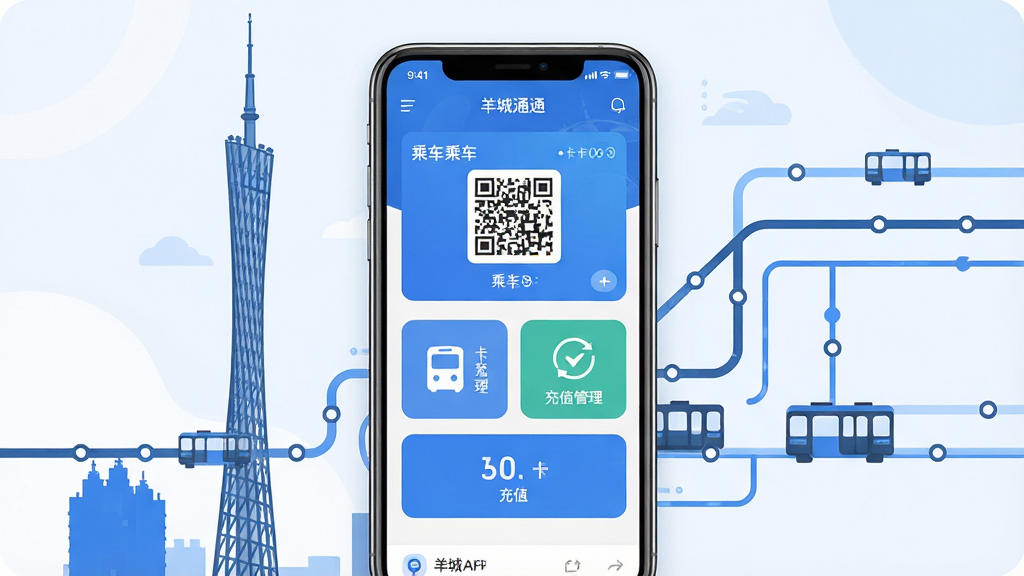 一张展示羊城通App核心功能的手机界面合成图,画面中央是智能手机屏幕,屏幕内显示羊城通App首页,包含乘车二维码、卡片管理、充值入口等模块,背景是广州塔与地铁线路抽象线条,布局为居中构图,风格为现代科技感扁平插画,细节包括圆角图标、蓝色主色调、干净留白,画质高清,干净,无多余元素