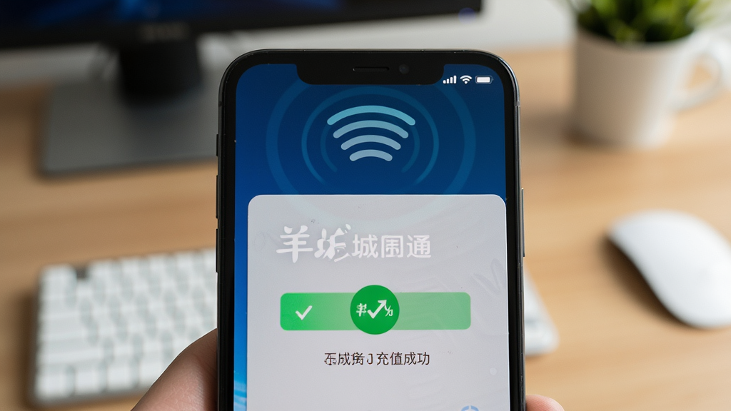 一部手机背面贴近羊城通实体卡,屏幕显示充值成功界面,画面主体为手机与卡片,布局为居中特写,风格为生活化产品摄影风,细节包括NFC感应波纹图标、绿色成功提示、桌面环境,画质高清,干净,无多余元素