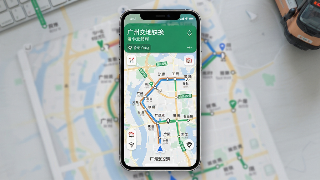 手机地图界面显示广州公交地铁换乘线路规划,画面主体为手机屏幕与地图路线,布局为俯视视角,风格为现代导航UI风格,细节包括彩色线路、站点标记、时间提示,画质高清,干净,无多余元素