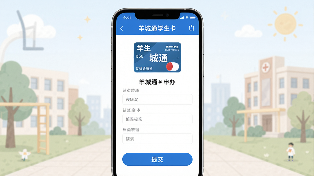 手机屏幕展示羊城通学生卡申办页面,画面主体为手机界面,布局为竖版居中,风格为清爽教育风,细节包括学生卡样式图标、表单填写区域、蓝色提交按钮,背景为浅色校园元素,画质高清,干净,无多余元素