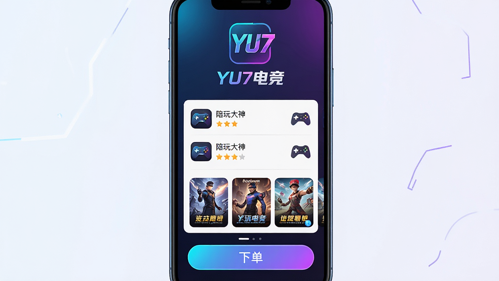 主体为一部智能手机屏幕展示YU7电竞应用界面,布局采用居中构图,上方为应用Logo与名称