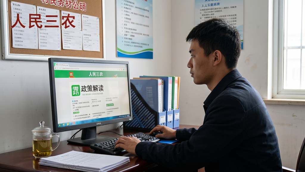画面主体为一位年轻农民坐在村委会办公室的电脑前,屏幕上显示人民三农App的政策解读页面,旁边放着文件资料;布局采用居中构图,人物与屏幕为主要视觉焦点;风格为写实办公场景,细节包括墙上的村务公开栏、桌上的茶杯;画质清晰,干净整洁,无多余元素,图片中文字标注“人民三农”。