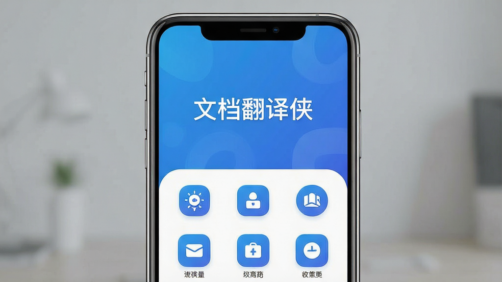 一张展示文档翻译侠软件界面的手机应用截图,主体为手机屏幕中显示软件主界面,布局为居中放置手机,排版为上下结构,上方为软件名称“文档翻译侠”,下方为功能图标,风格为现代简约科技风,细节为蓝色渐变背景、功能图标清晰可见、界面干净整洁,画质为高清、干净、无多余元素