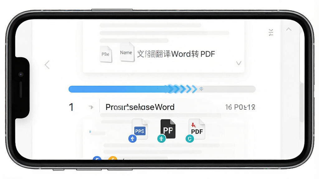 一张展示文档翻译侠Word转PDF功能的操作界面,主体为手机屏幕显示文档转换进度,布局为居中显示进度条和文件信息,排版为上下结构,风格为简洁商务风,细节为进度条动画效果、文件名称和格式图标清晰,画质为高清、干净、无多余元素