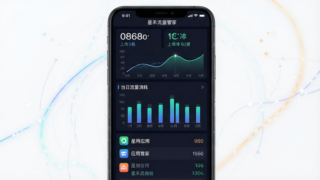 一张展示星禾流量管家实时网速监测功能的界面图,画面主体为手机屏幕,屏幕上方有醒目的上传下载速度数字和曲线图,中间是当日流量消耗柱状图,下方列出多个应用的流量使用排行,风格为科技感深色主题,细节包括发光的数据线条和简洁的图标,画质高清,画面干净,无多余元素,屏幕内文字标注“星禾流量管家”。