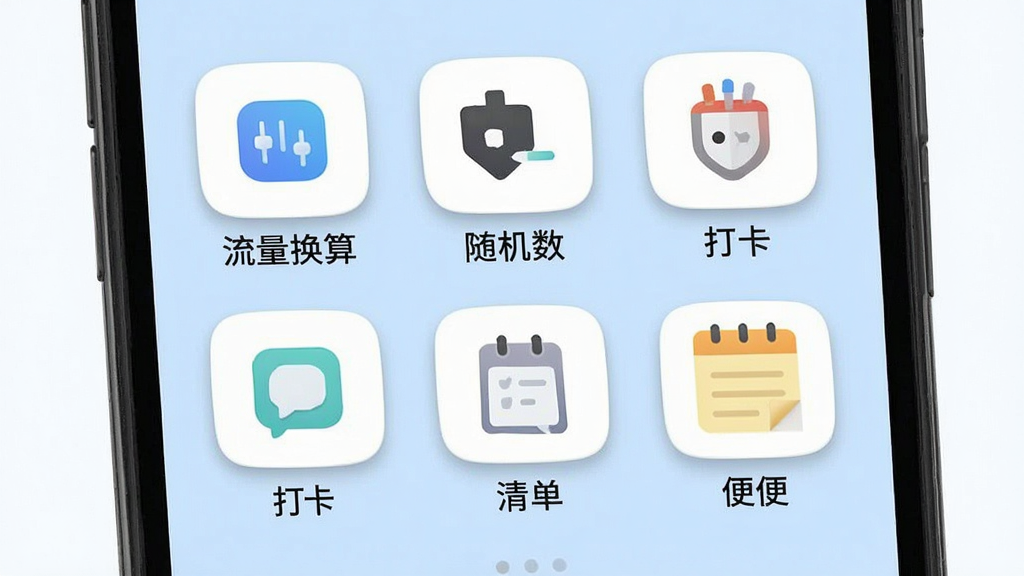 一张展示星禾流量管家工具箱界面的手机截图,画面中央是网格排列的工具图标,包括流量换算、随机数、打卡、清单和便签,每个图标下方有中文标签,背景为柔和的浅蓝色,风格为圆角卡片式设计,细节包括微阴影和清晰的文字,画质高清,画面干净,无多余元素。