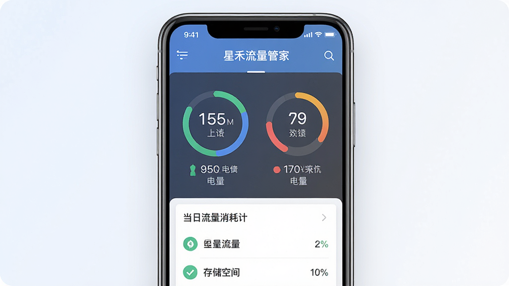 一张展示星禾流量管家应用首页的手机界面截图,画面中心是一部现代智能手机,屏幕显示着上传下载网速、电量与存储空间占比的环形图和数字,下方有当日流量消耗统计列表,背景是干净简约的浅色渐变,风格为扁平化UI设计,细节包括清晰的图标和数字,画质高清,画面干净,无多余元素。