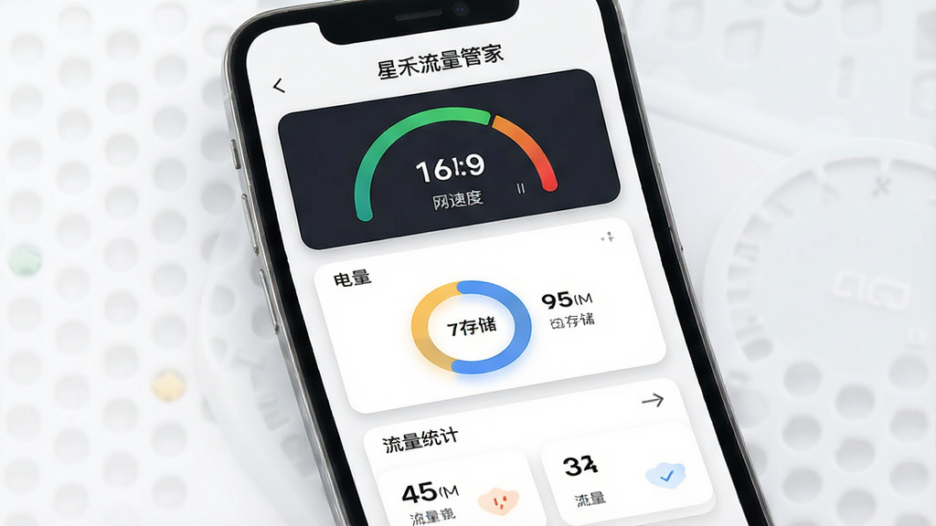 一张展示星禾流量管家首页信息聚合布局的示意图,画面为手机屏幕,屏幕内从上到下依次排列网速仪表盘、电量与存储环形图、流量统计卡片,布局整洁,风格为现代简约风,细节包括柔和的阴影和清晰的数字,画质高清,画面干净,无多余元素,屏幕上方有“星禾流量管家”字样。