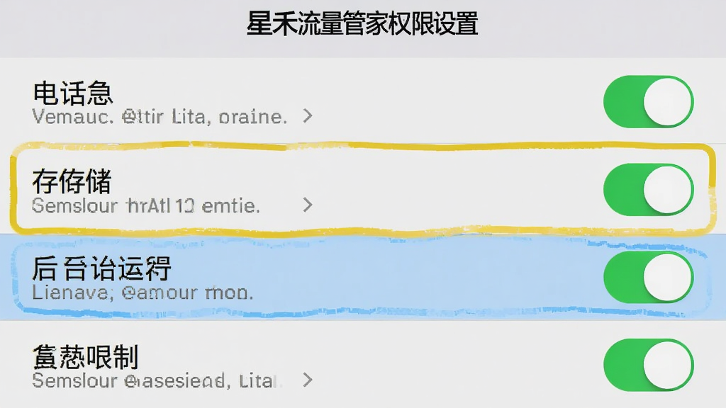 一张展示星禾流量管家权限设置界面的手机截图,画面中列出了电话、存储、后台运行等权限开关,其中电话权限被高亮标注,背景为浅灰色,风格为设置列表样式,细节包括清晰的开关按钮和说明文字,画质高清,画面干净,无多余元素。