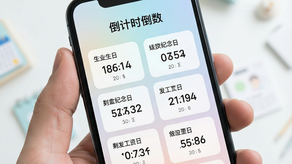 一张手机屏幕展示倒计时倒数软件主界面的图片,画面中央是多个倒计时卡片整齐排列,卡片上显示生日、纪念日、发工资等不同事件名称与剩余天数,背景为干净的浅色渐变,整体风格简约清新,突出软件名称文字“倒计时倒数”,画质清晰,干净无多余元素