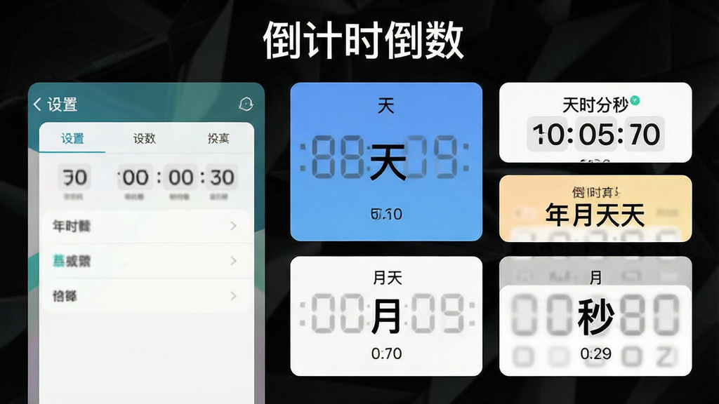 一张倒计时倒数软件功能展示图,画面左侧是设置面板,右侧是不同时间单位的倒计时卡片对比,卡片上分别标注“天”“天时分秒”“年月天”“月”“秒”,界面风格清爽,文字“倒计时倒数”出现在顶部,画质干净清晰,无多余装饰元素