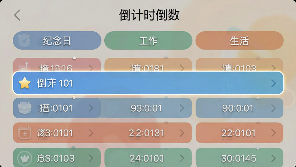 倒计时倒数软件分类管理界面截图,画面中显示“纪念日”“工作”“生活”三个分类标签,下方是不同分类下的倒计时列表,其中一条被置顶并带有醒目标记,界面配色柔和,文字“倒计时倒数”位于顶部,画质清晰,干净整洁