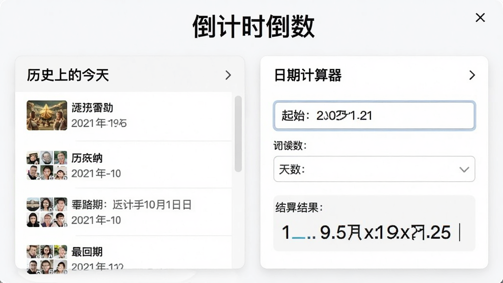 倒计时倒数内置工具界面图,左侧是“历史上的今天”列表,显示几条历史事件与日期,右侧是“日期计算器”面板,输入框内填有起始日期和天数,下方显示计算结果,整体布局清晰,风格简洁,文字“倒计时倒数”出现在页面顶部,画质干净无多余元素