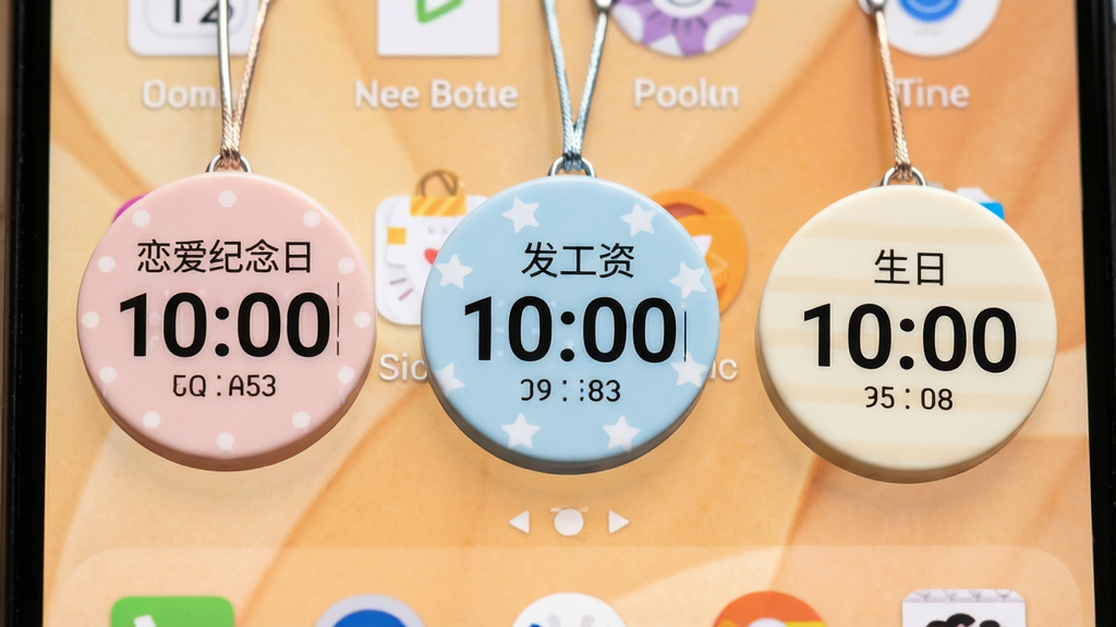 一部安卓手机桌面特写,桌面上放置了三个不同样式的倒计时倒数挂件,一个显示恋爱纪念日剩余天数,一个显示发工资倒计时,一个显示生日倒计时,挂件背景分别是淡粉色、浅蓝色和米白色,文字清晰,整体布局整洁,画面风格温馨简约,画质高清,干净无杂乱元素