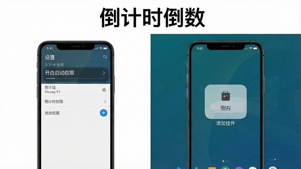 一张倒计时倒数安卓版使用教程示意图,画面分为左右两部分,左侧是手机设置中开启自启动权限的界面,右侧是桌面添加挂件的操作步骤,画面风格简洁明了,文字“倒计时倒数”出现在顶部,画质清晰,干净无多余元素