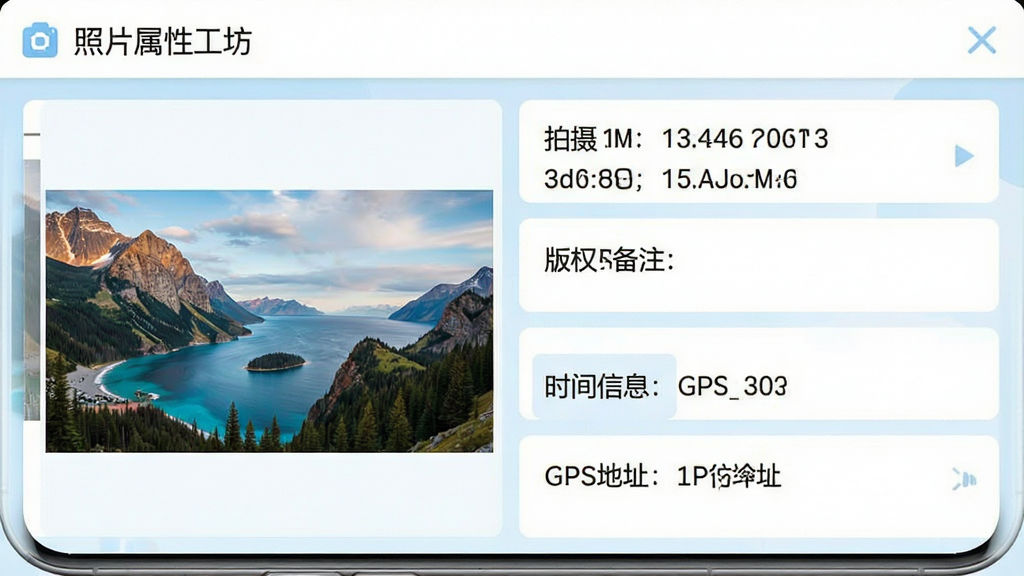 一张展示照片属性工坊软件界面的手机屏幕截图,画面中央是软件主界面,左侧显示一张风景照片缩略图,右侧整齐排列着拍摄信息、版权备注、时间信息、GPS地址等属性条目,界面风格简洁清爽,以白色和浅蓝色为主色调,顶部有软件名称“照片属性工坊”字样,整体布局清晰,画质干净,无多余元素