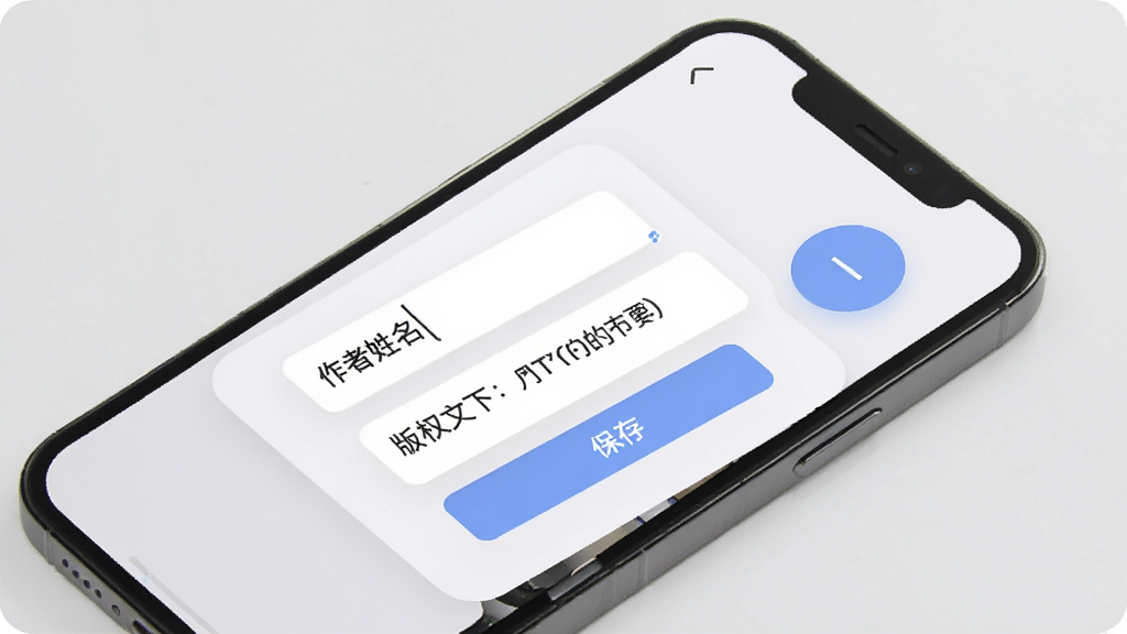 一张展示照片属性工坊版权编辑功能的界面图,画面中手机屏幕上显示着版权信息输入框,框内已填写作者姓名和版权文字,旁边有保存按钮,背景是浅灰色,界面元素圆润,风格现代,画质干净,无多余元素