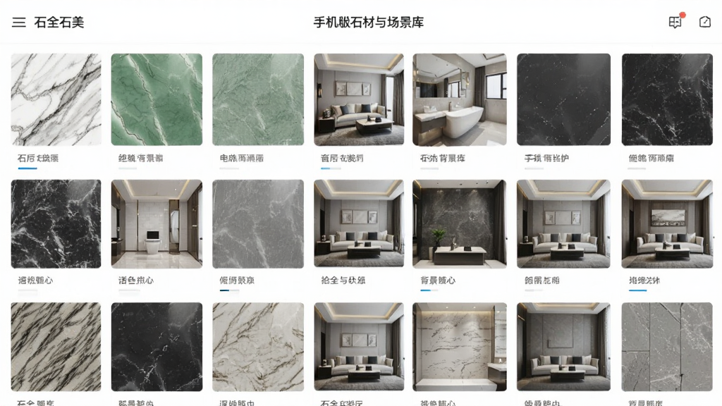 石全石美手机版石材与场景库界面展示图,画面以网格形式排列着各种石材样板和室内场景缩略图,石材包括大理石、玉石、岩板等,场景包括客厅、卫生间、背景墙等,界面设计清爽直观,风格商务专业,画质清晰,干净,无多余元素