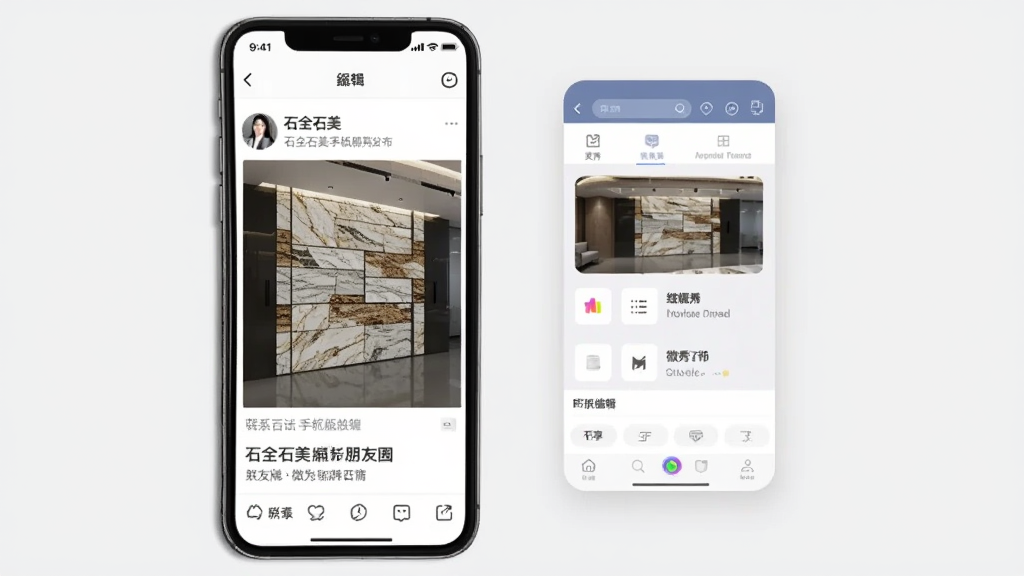 石全石美手机版朋友圈分享与微秀功能展示图,画面中一部手机显示着朋友圈发布界面,配图是一张精美的石材背景墙效果图,图片下方带有联系电话和品牌名称,手机旁边漂浮着微秀编辑器的界面元素,风格时尚商务,画质清晰,干净,无多余元素