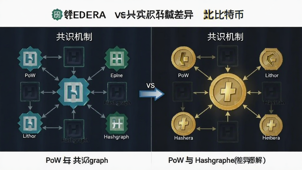 Hedera vs比特币 共识机制对比 PoW与Hashgraph差异图解