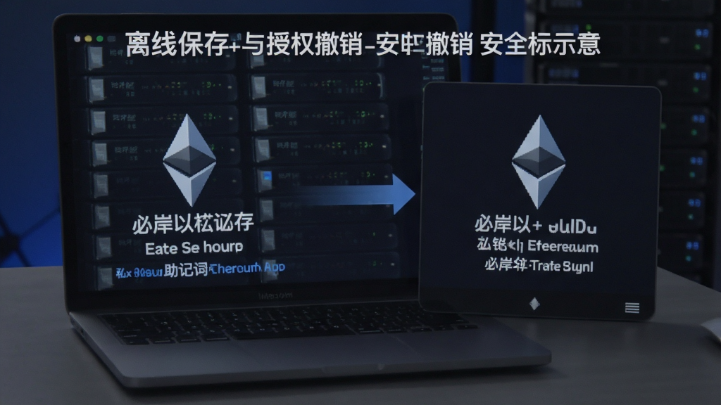 必岸以太坊钱包私钥助记词离线保存与授权撤销安全操作示意