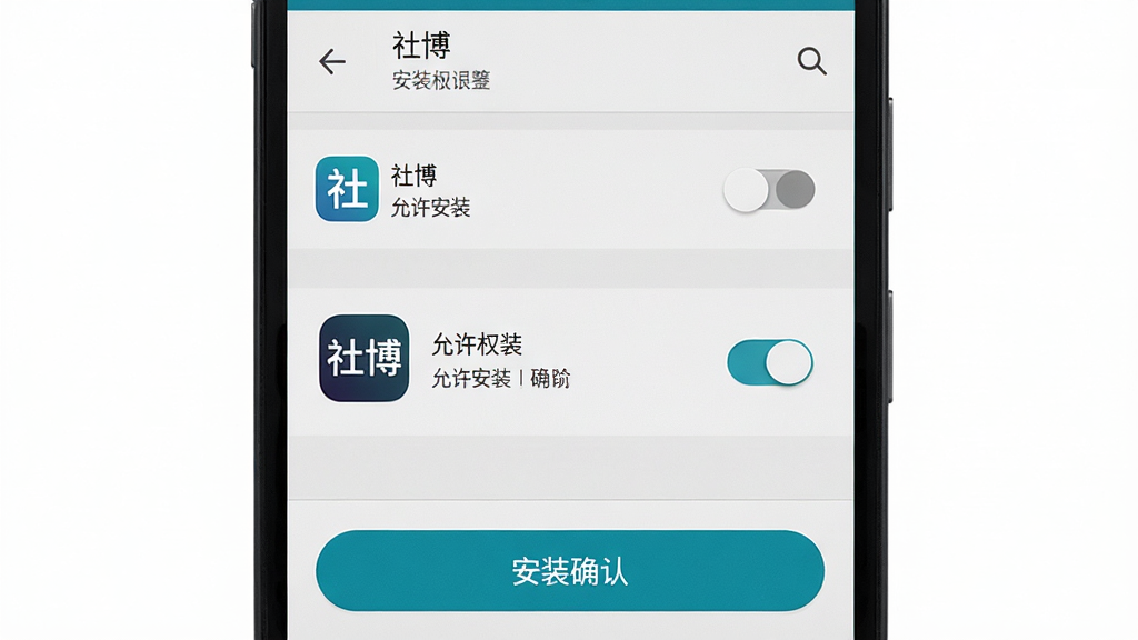 一张手机操作示意图,主体为安卓手机屏幕展示社博APP的安装权限设置界面,布局为上下结构,上方为手机设置菜单,中间为权限开关按钮,下方为安装确认按钮,排版清晰,风格为手机系统界面截图风格,细节包含权限开关、应用图标、确认按钮等元素,画面中出现文字“社博”与“允许安装”,画质高清,干净,无多余元素