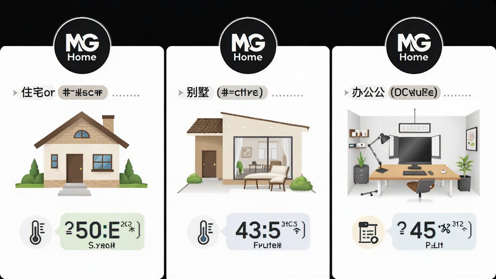 一张展示MG Home多场景管理功能的示意图,画面分为三个并列区域,分别代表住宅、别墅、办公空间,每个区域上方有一个代表MG Home应用图标的小圆标,区域内有不同的温度湿度数值标签,布局为三栏横向排列,风格为简约信息图设计,细节包括区域分割线、数据标签、图标点缀,画质清晰干净,无多余元素